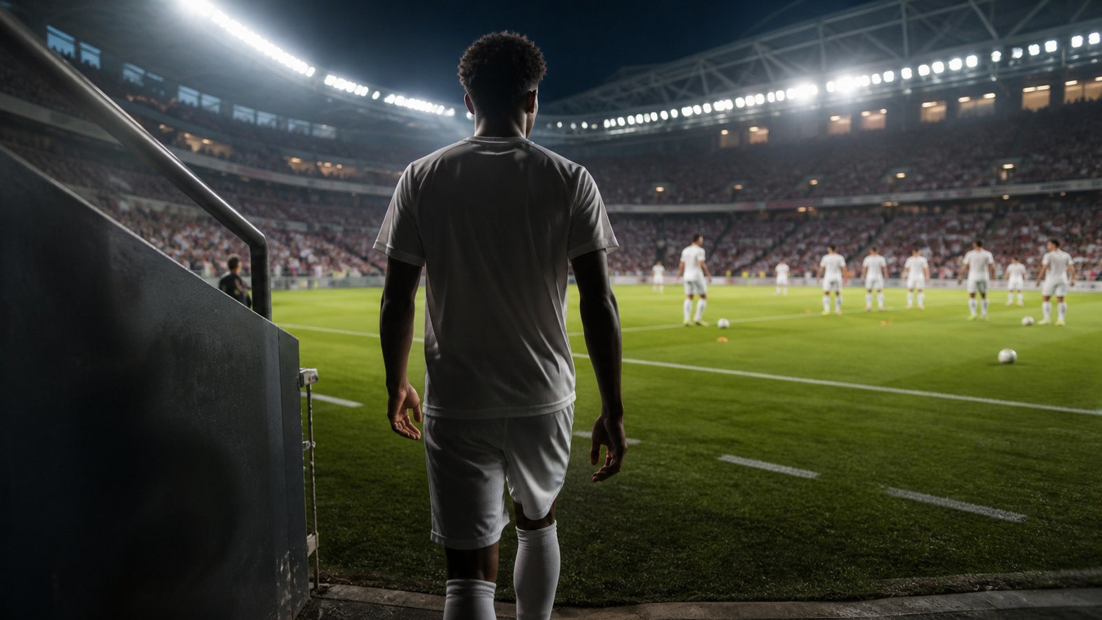 Young footballer stepping from the sideline onto a floodlit professional pitch