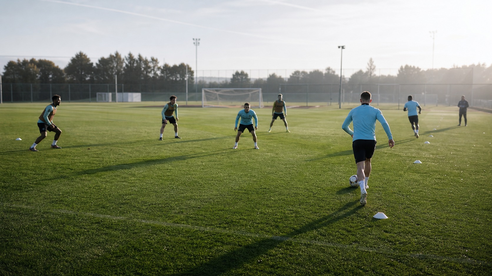 Soccer players rehearsing wingback movement in a 3-5-2 style training drill