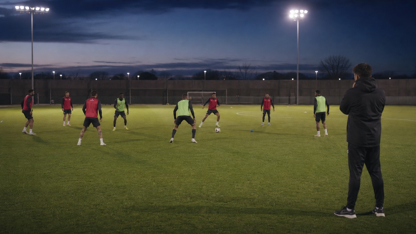 Soccer players working through a central 4-2-3-1 possession pattern at dusk