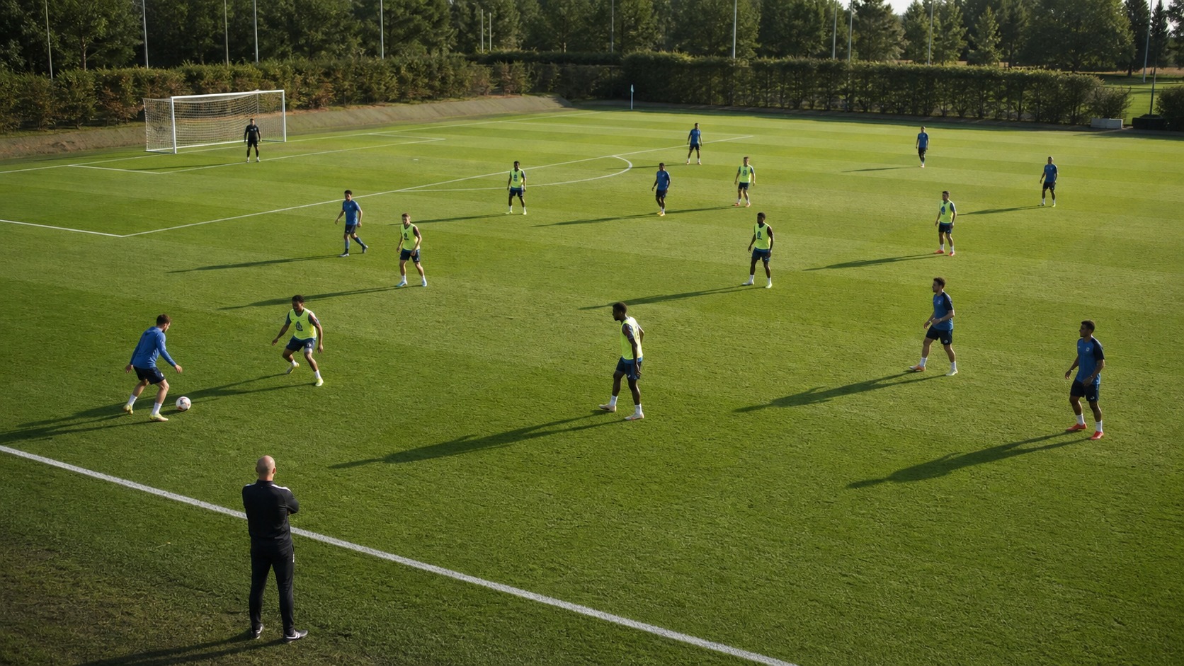 Players spread across a pitch in a wide attacking 4-3-3 training shape