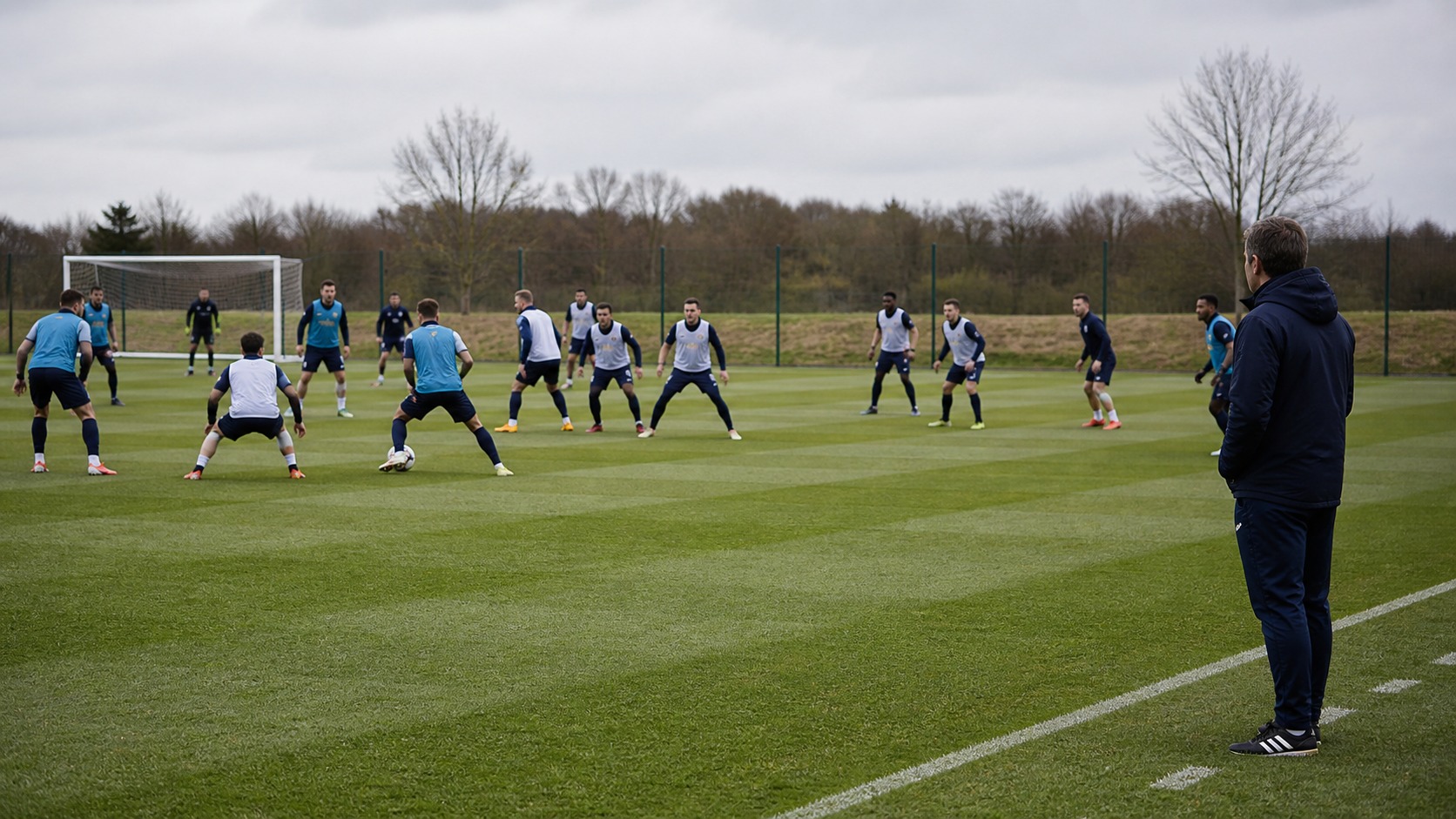 Soccer team defending in compact two-line 4-4-2 shape during training