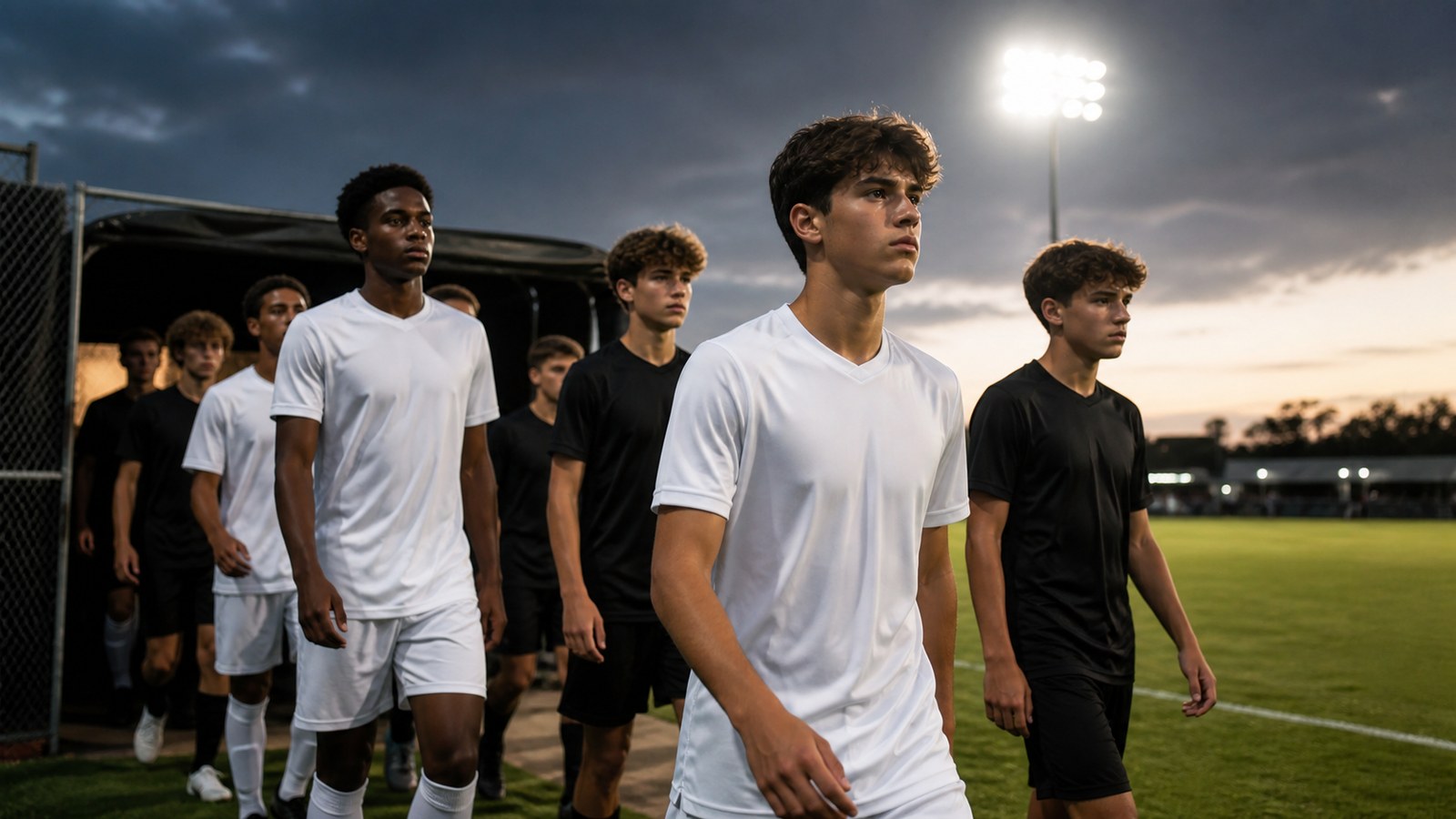 Young soccer prospects walking toward a pitch before an academy showcase match