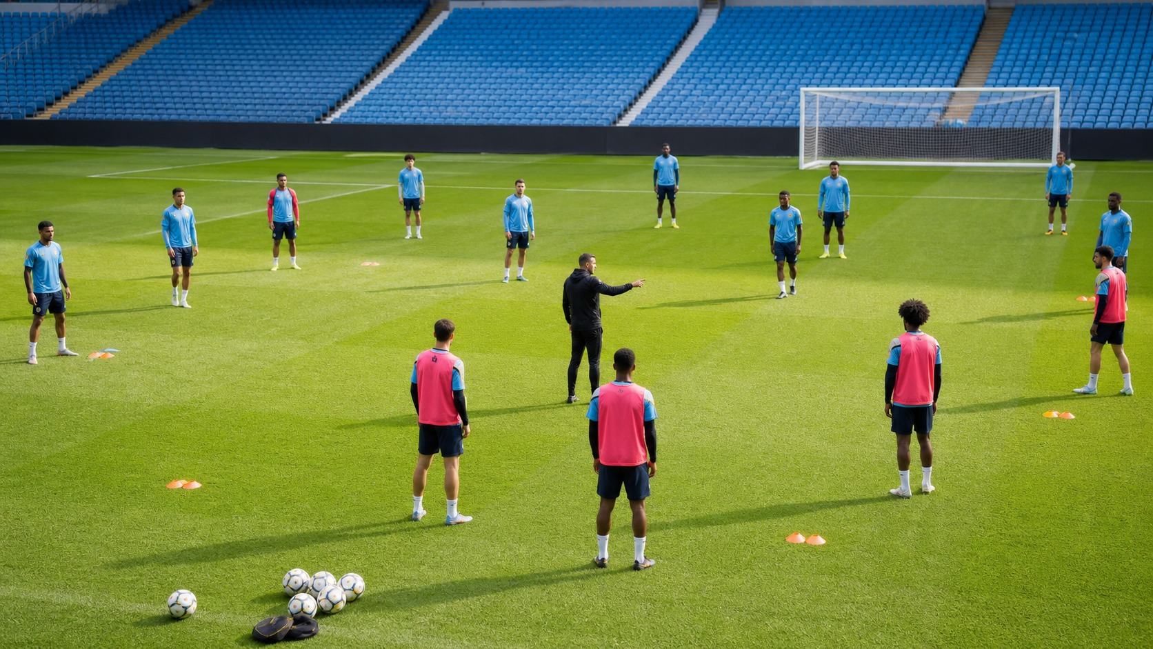 Coach arranging players into a tactical soccer formation on a training pitch
