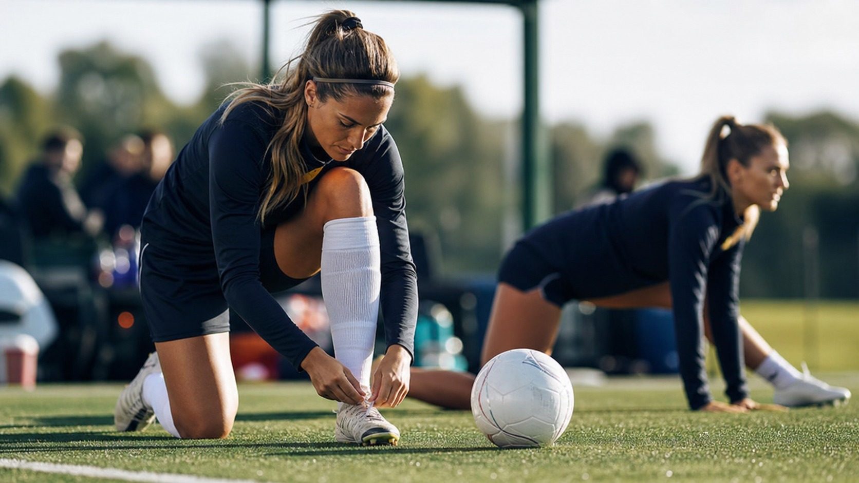 Elite women soccer players preparing on a professional training pitch
