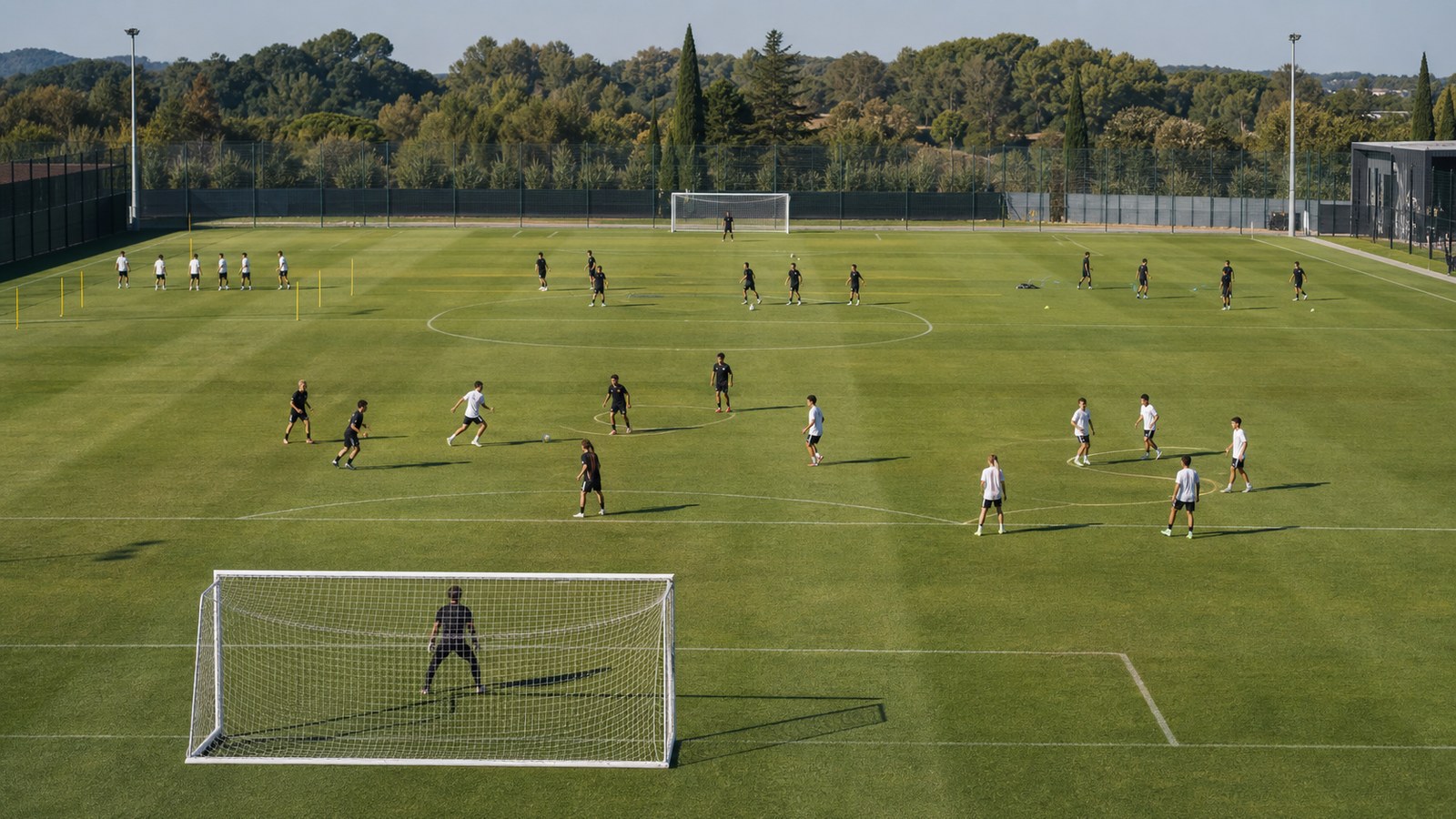Academy soccer players training different position groups across a full pitch