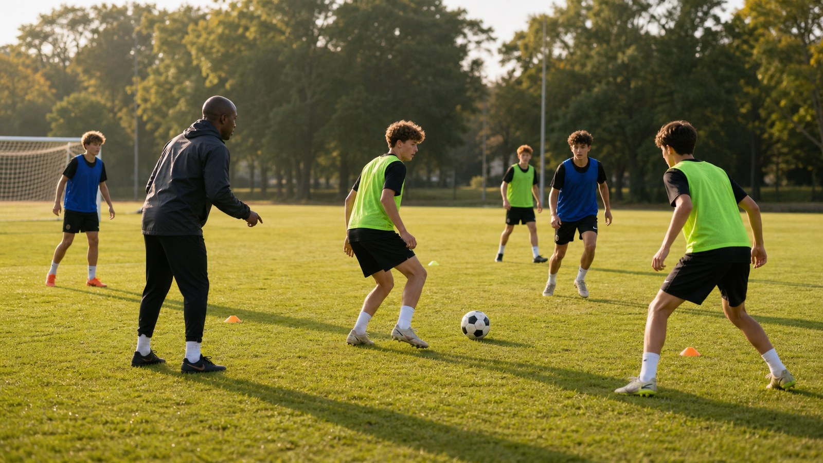 Youth soccer players learning a small-sided positional drill with a coach nearby