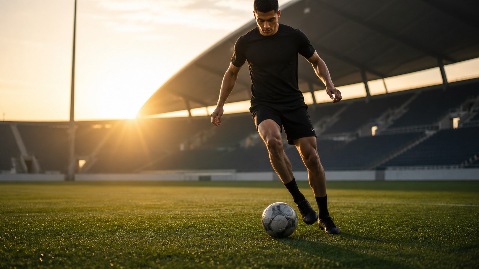 Anonymous soccer forward in a plain dark kit controlling a ball alone on an empty pitch at sunrise