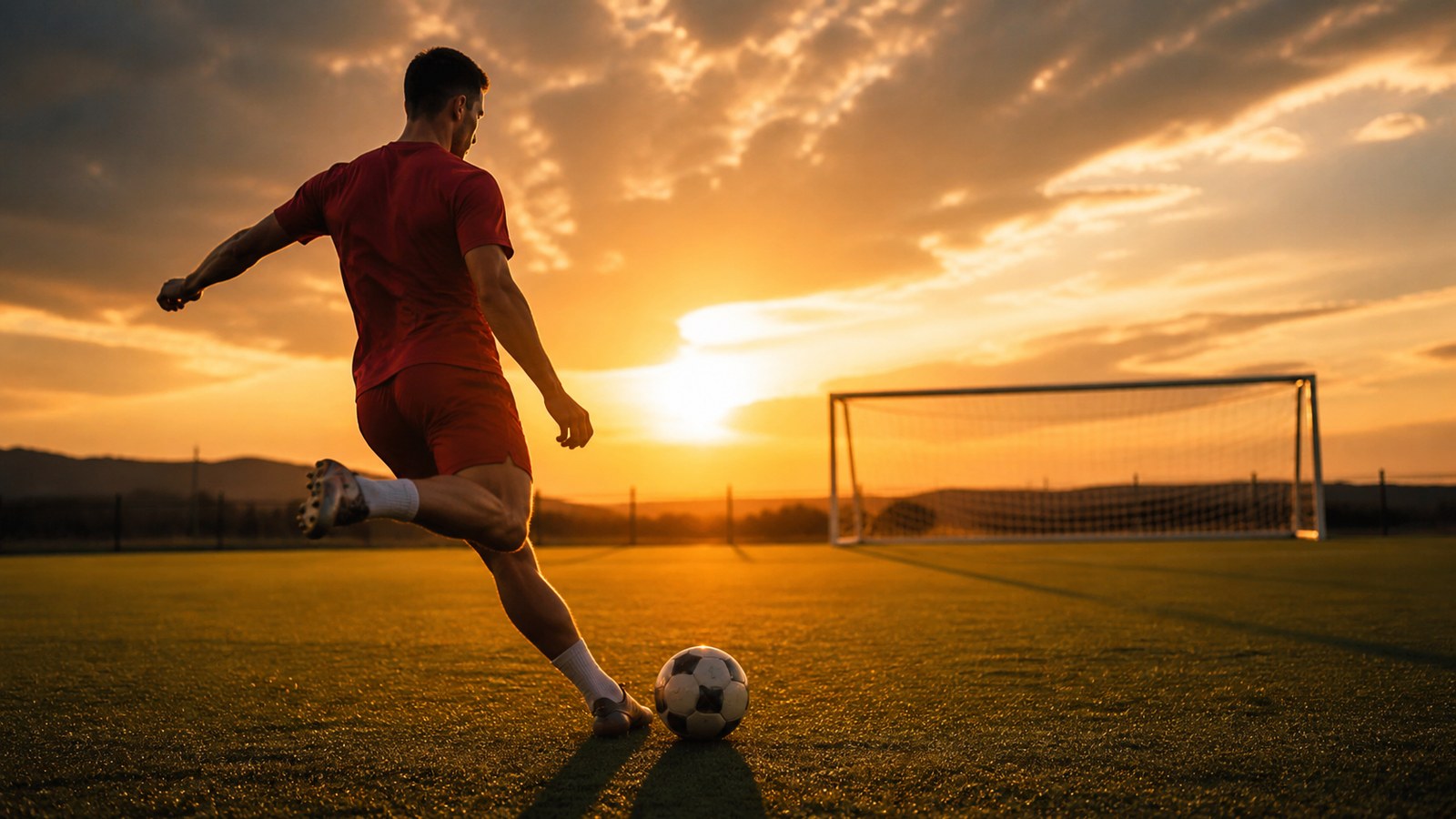 Determined soccer forward in plain red kit practicing a shot at sunset
