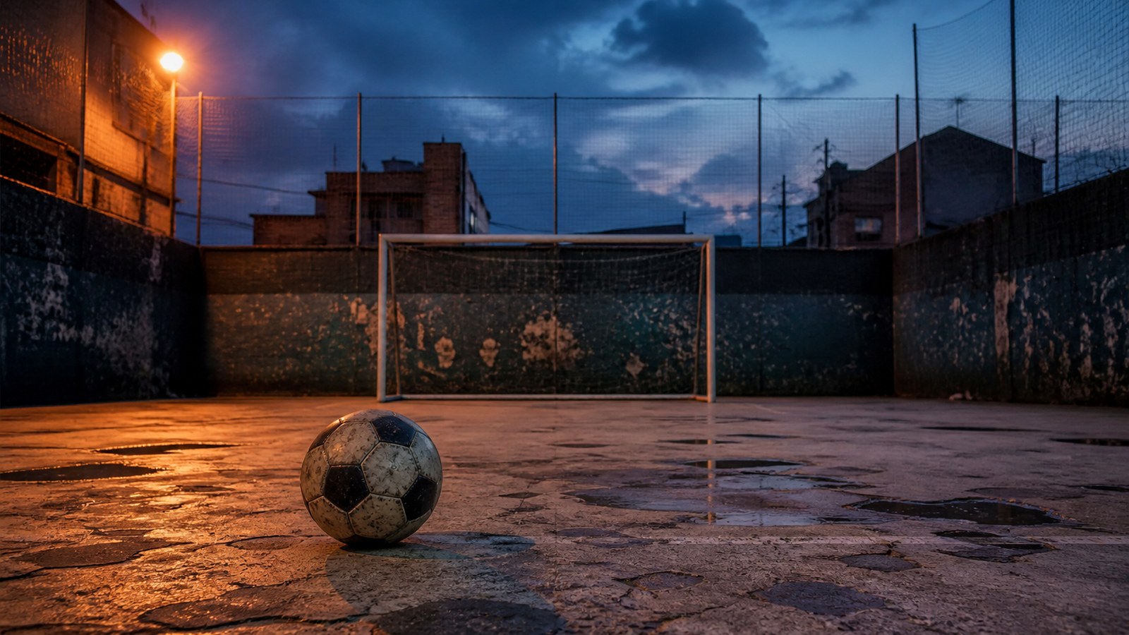 Worn soccer ball on a small urban street-football court under moody evening light