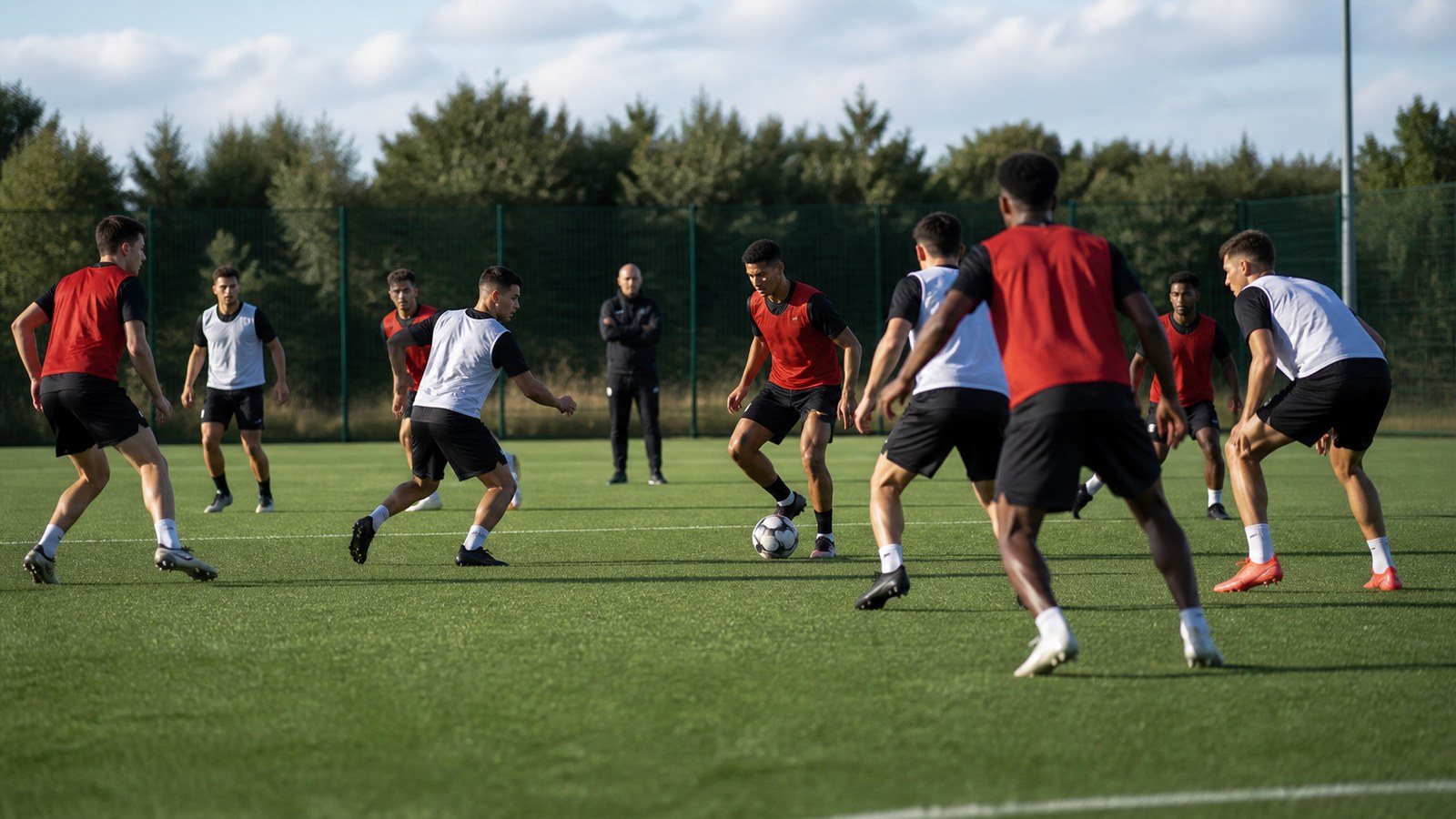 Football players moving together in a coordinated training drill while a coach observes