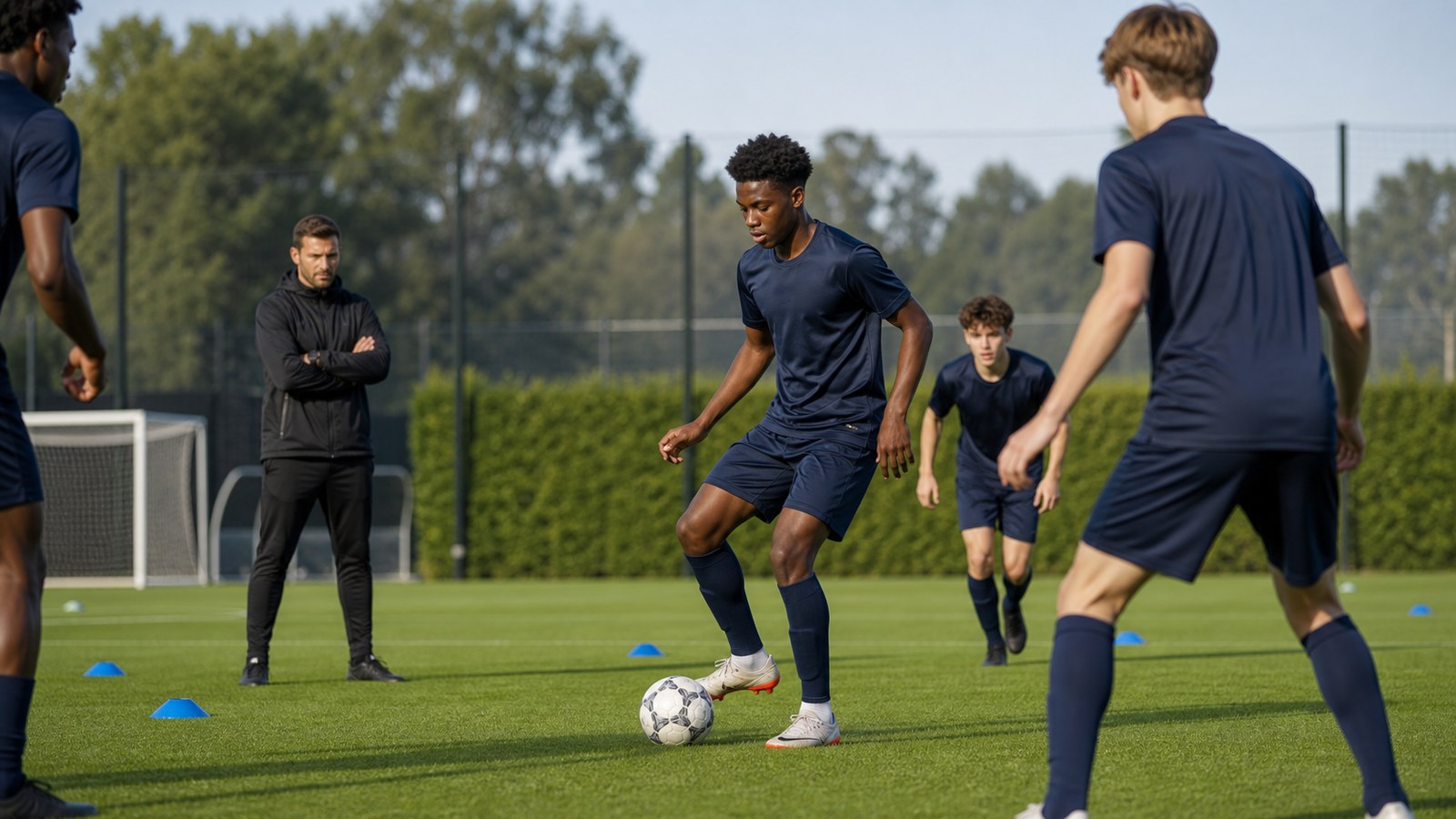 Academy soccer players working through technical ball practice while a coach observes