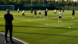 Modern soccer team rehearsing a compact positional drill on a training pitch