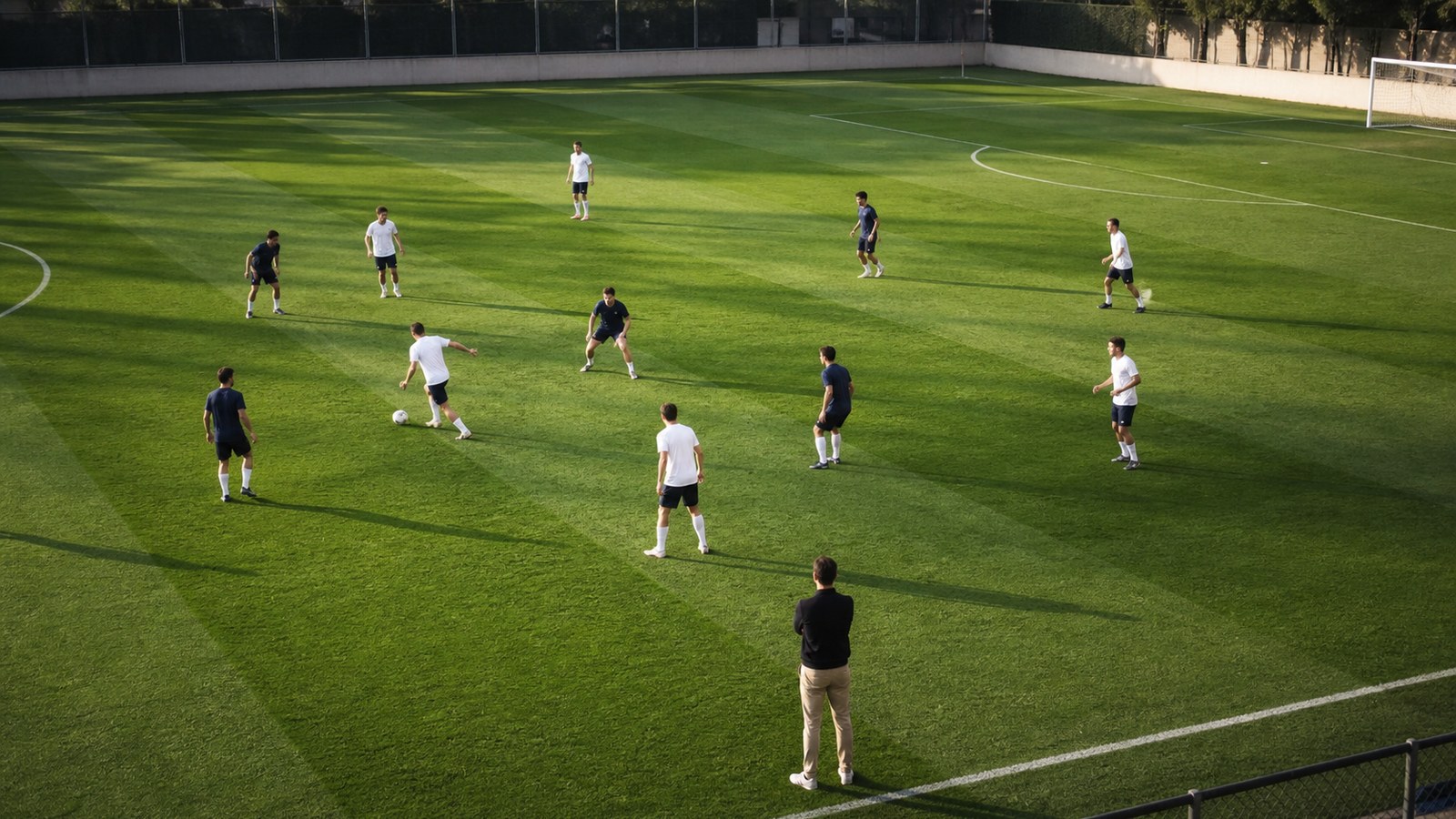 Soccer players in plain kits working through a positional possession drill on a training pitch