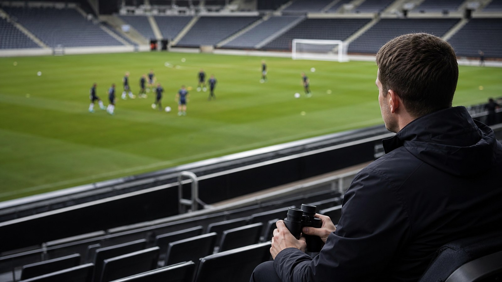 Soccer scout watching an opponent training session from stadium seats