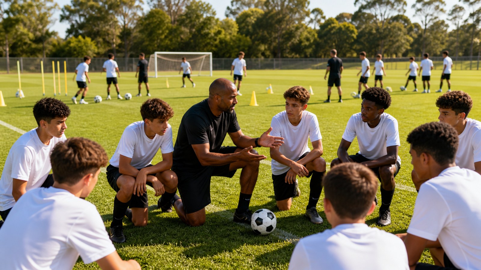 Youth soccer coach speaking with players during an organized training program