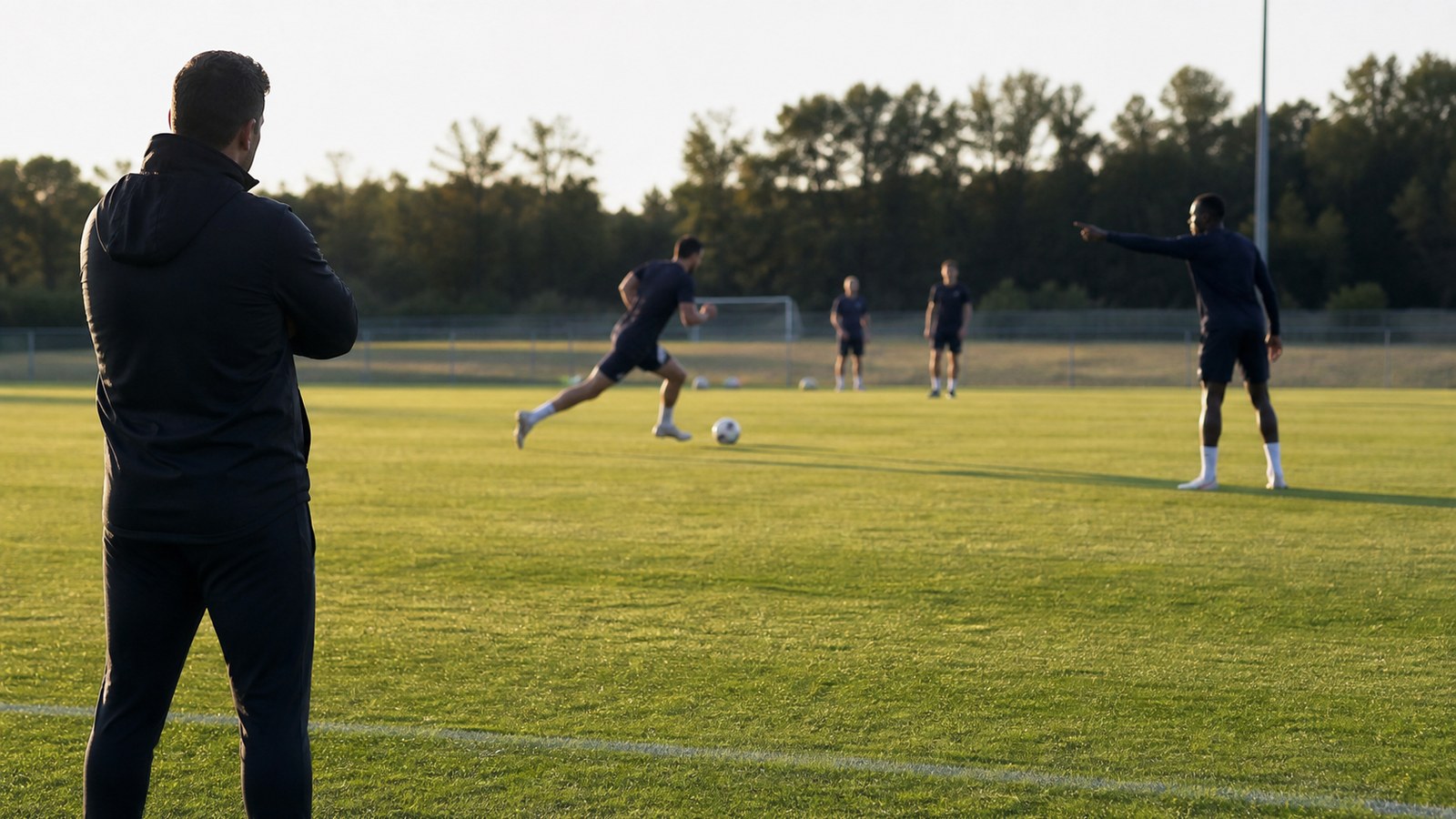 Soccer coach observing plain-kit players during a pre-match warmup on grass
