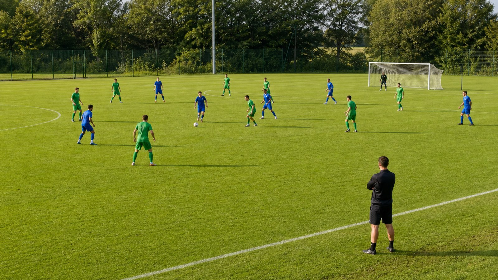 Soccer players spread across defense midfield and attack during a team shape drill