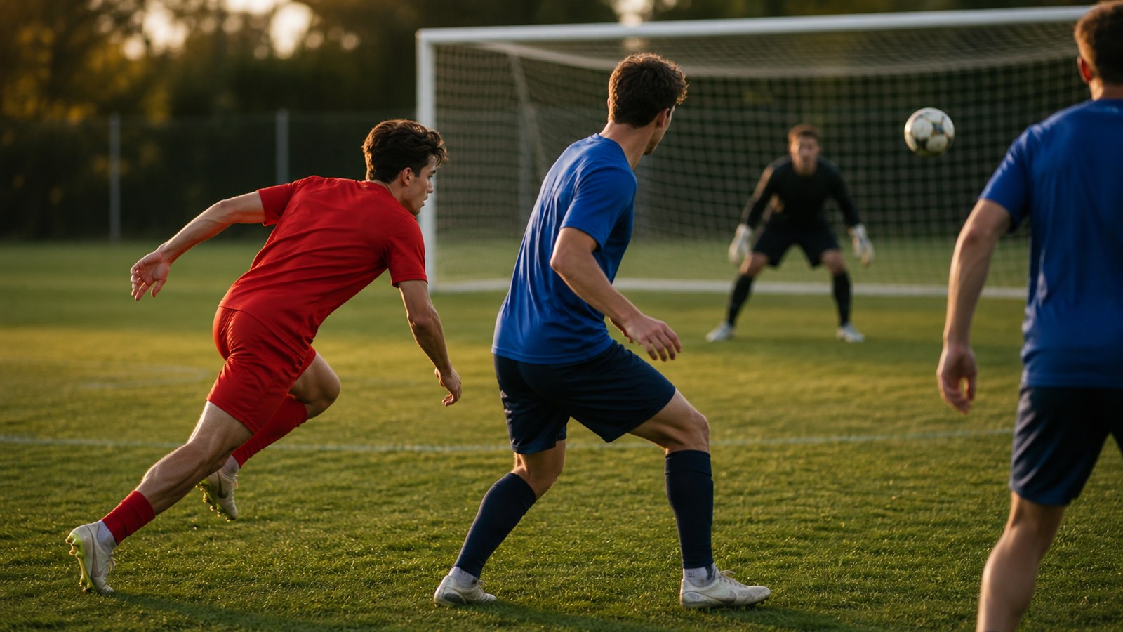 Soccer forward bending a run behind defenders near the penalty area