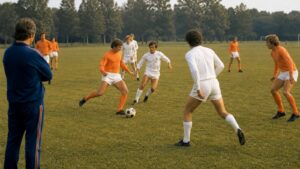 Retro-inspired soccer players in plain orange and white kits rotating positions during a passing move