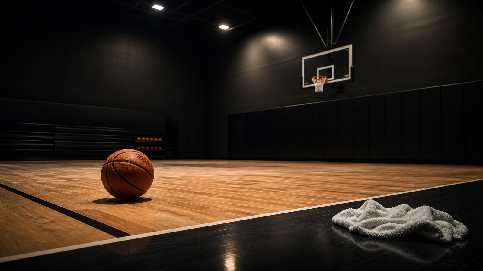 Basketball resting on a polished hardwood court beneath focused arena lights