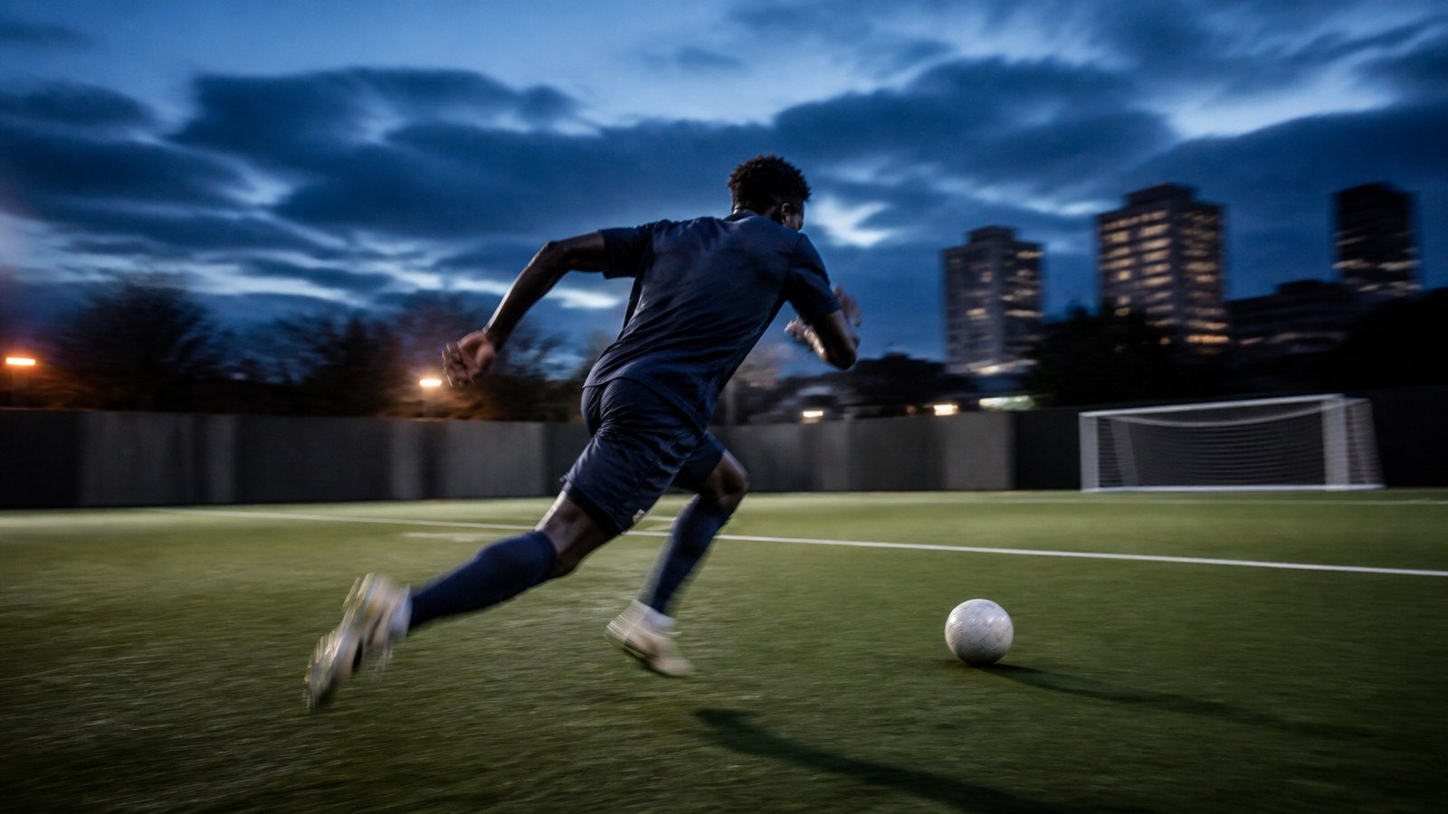Fast soccer forward in plain dark blue kit sprinting onto a ball at dusk