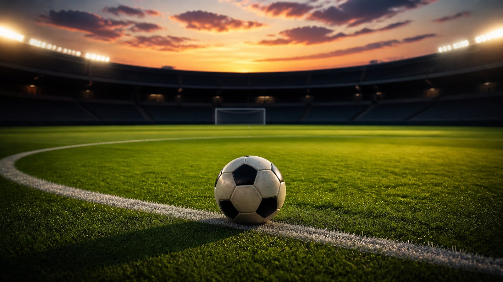 Unbranded soccer ball resting near the center circle on a stadium pitch at dusk