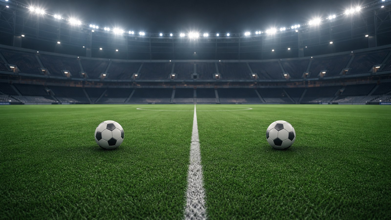 Two unbranded soccer balls placed on opposite sides of the midfield line in an empty stadium
