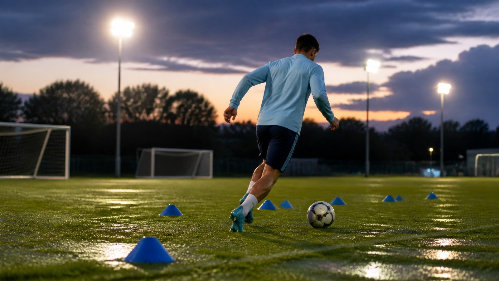 Creative soccer playmaker in plain sky-blue top dribbling through cones under evening lights