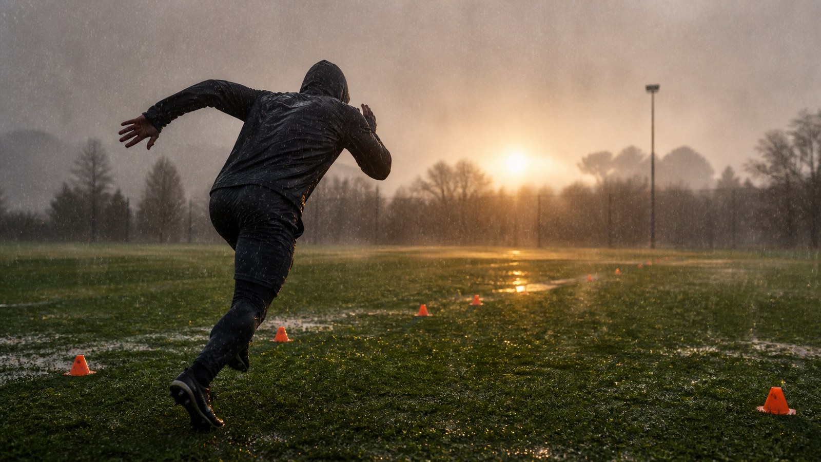 Anonymous soccer player sprinting through heavy rain during a demanding training session