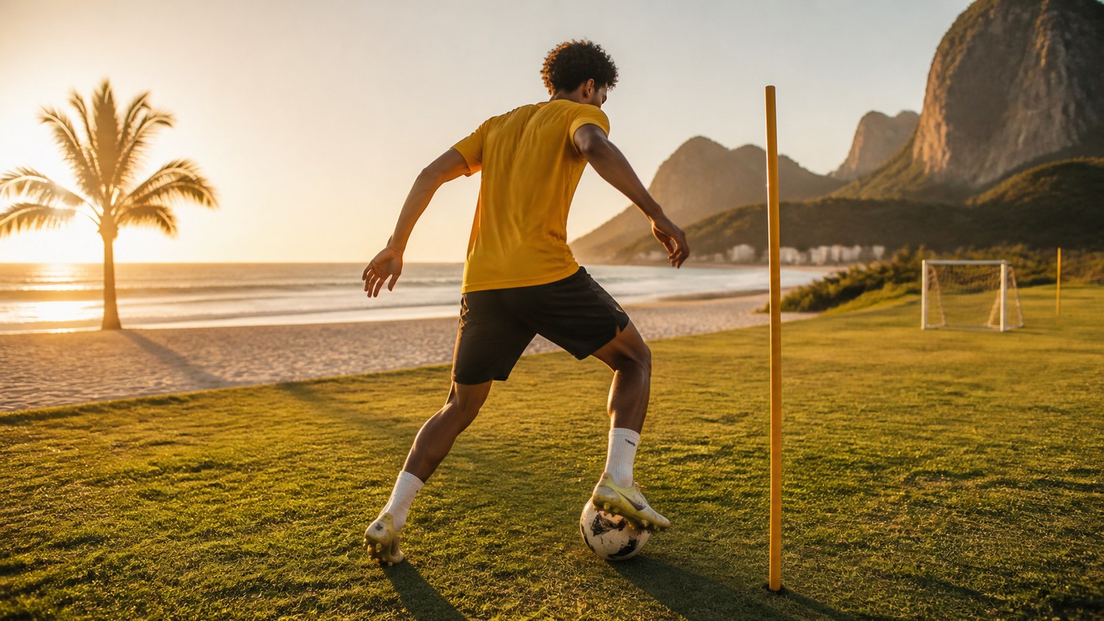 Creative soccer forward in plain yellow top dribbling near a coastal pitch at golden hour