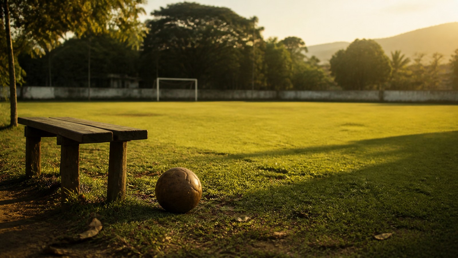 Old leather-style soccer ball near a wooden bench beside a sunlit grass pitch