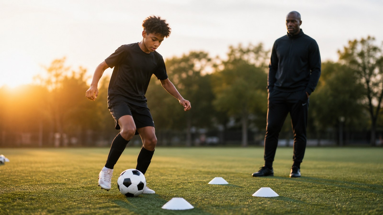 Young soccer player practicing close control while a coach watches at sunset