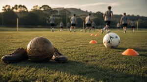Vintage soccer ball and modern training cones on grass with players training in the background