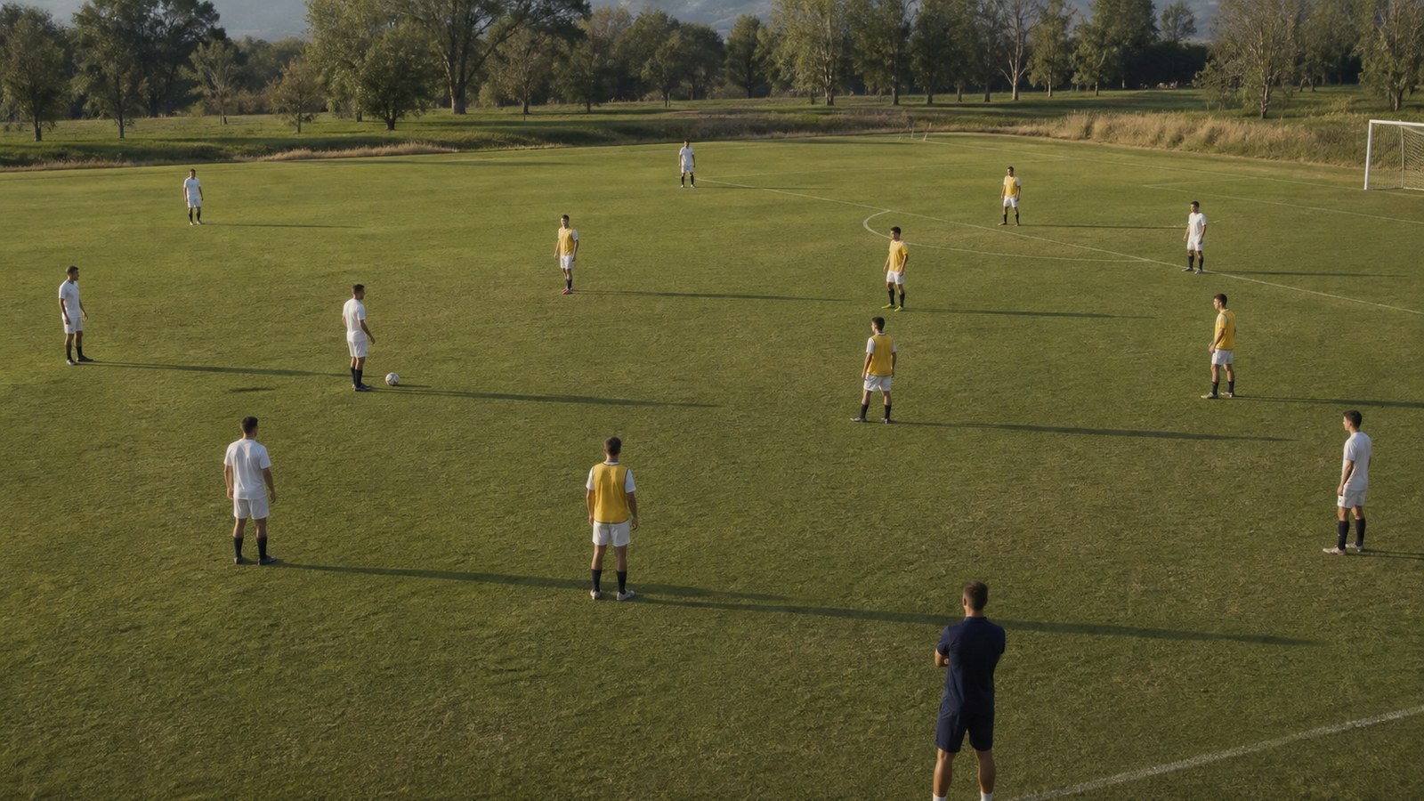 Soccer players arranged across a grass field in a clear team shape during practice