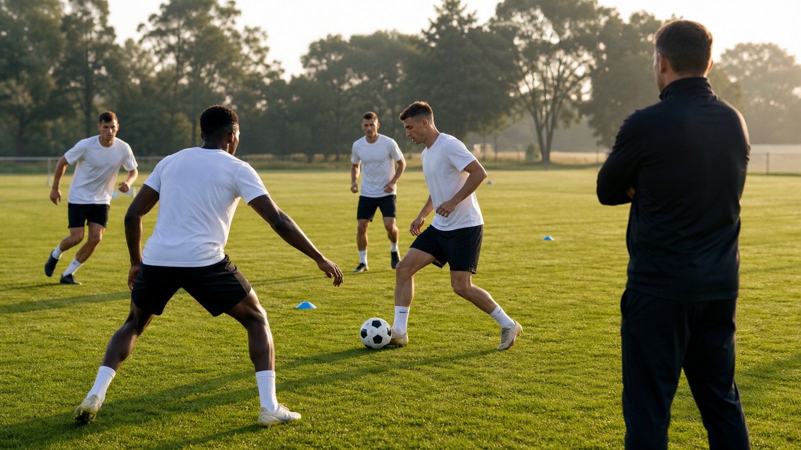 Soccer coach observing a possession drill during a structured training session