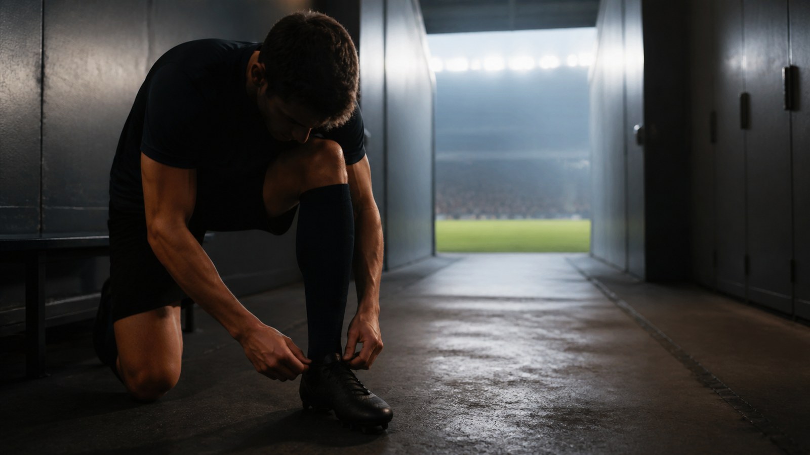 Anonymous athlete walking through a stadium tunnel toward bright field lights