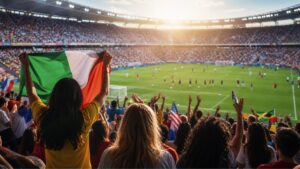 Women’s soccer players and supporters in a packed international stadium