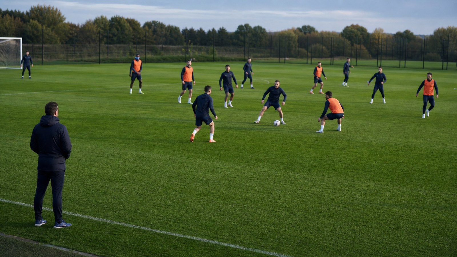 Soccer coach observing a balanced training drill with players spaced across the pitch