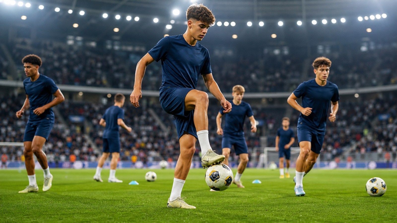 Young elite soccer players warming up under stadium lights in plain kits