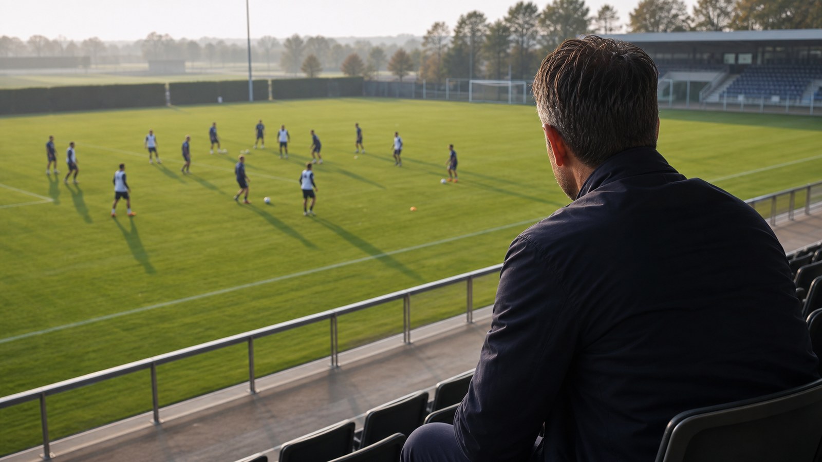 Soccer scout watching young prospects train from the stadium seats