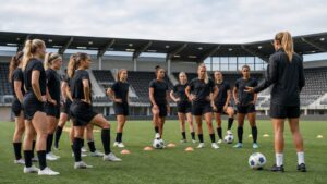 Elite women’s soccer team listening to a coach during tactical training