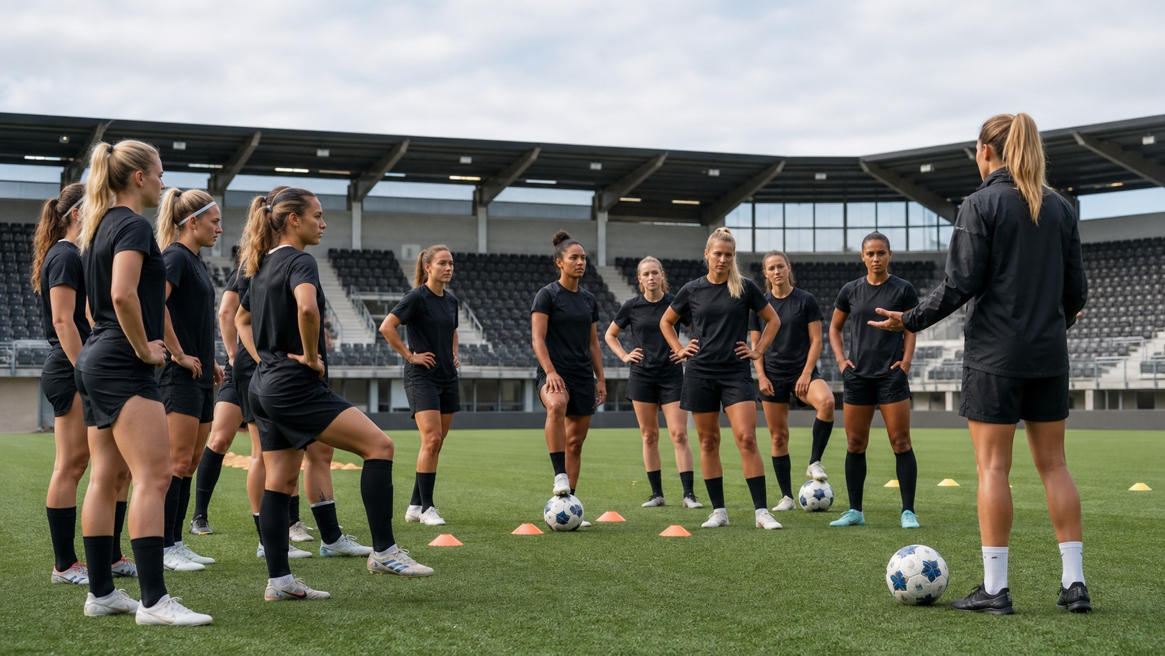 Elite women’s soccer team listening to a coach during tactical training