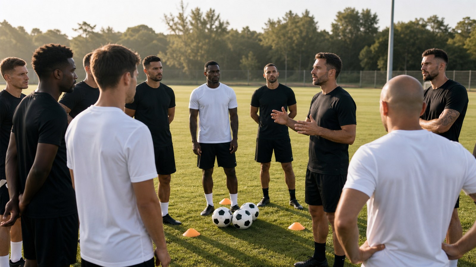 Football coach speaking to players in plain training clothes on a practice field