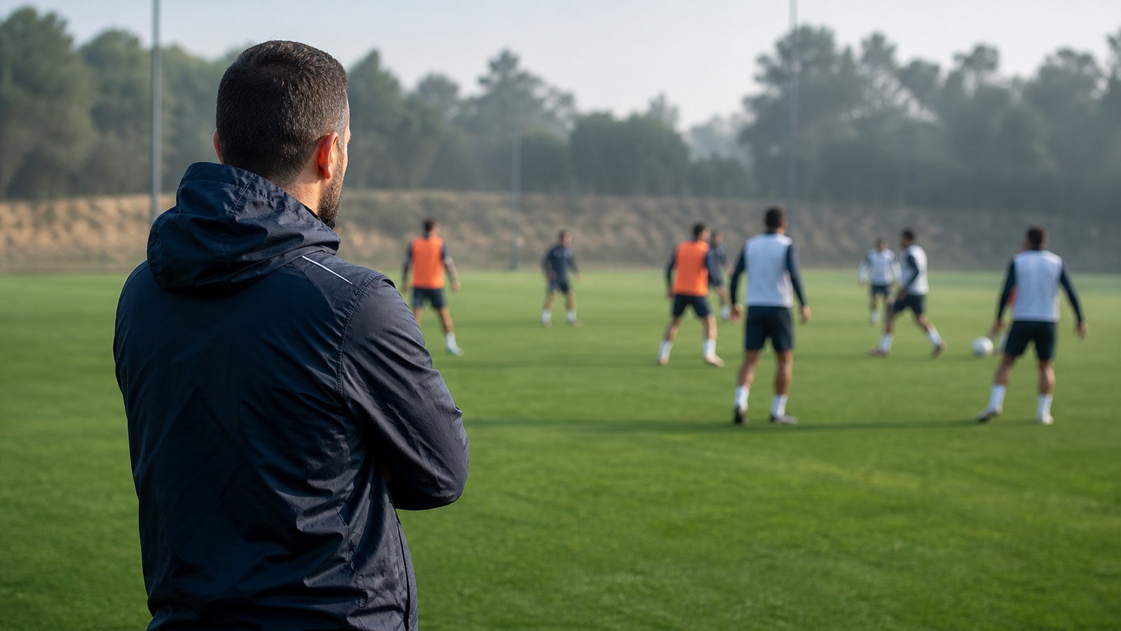 Soccer coach observing players in plain kits during an opponent-style training drill