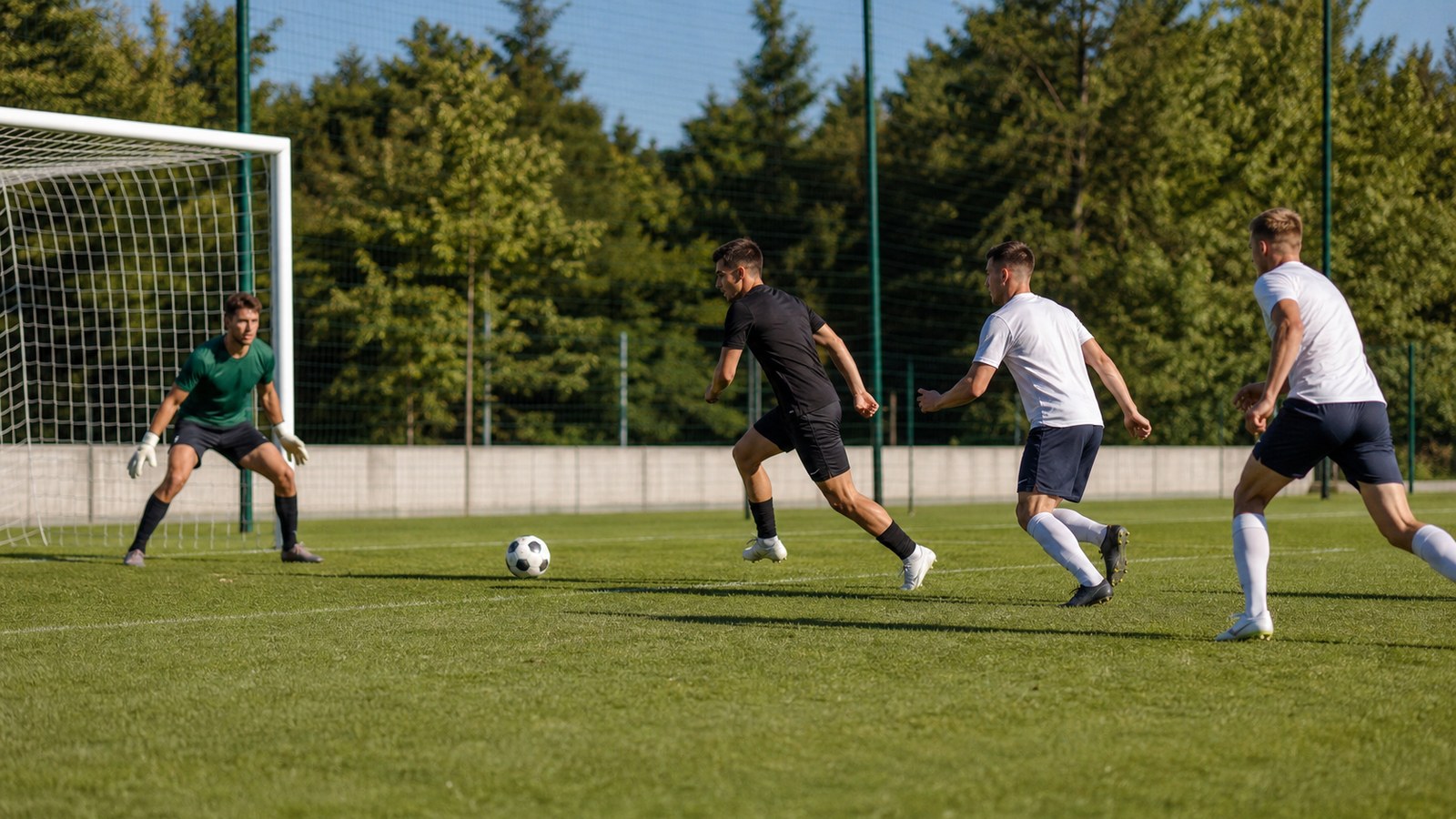 Soccer striker timing a run between defenders during finishing practice