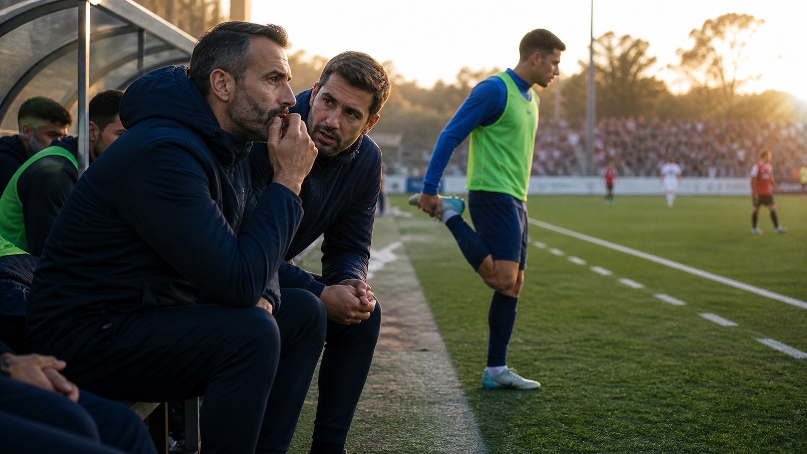 Soccer coach and assistant watching a match from the bench before making a change