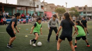 Women coaches and young players training on a community soccer field