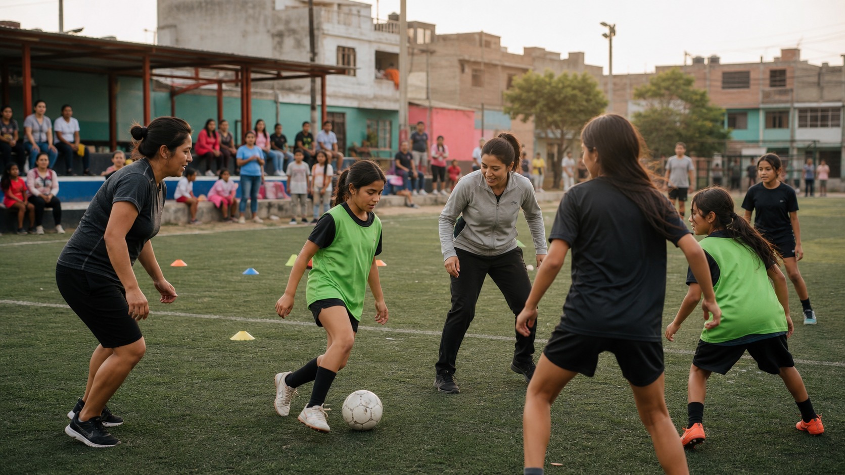 Women coaches and young players training on a community soccer field