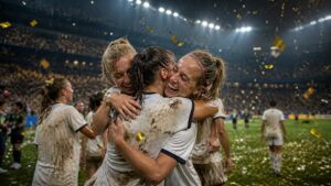 Women soccer players celebrating after a major international tournament match
