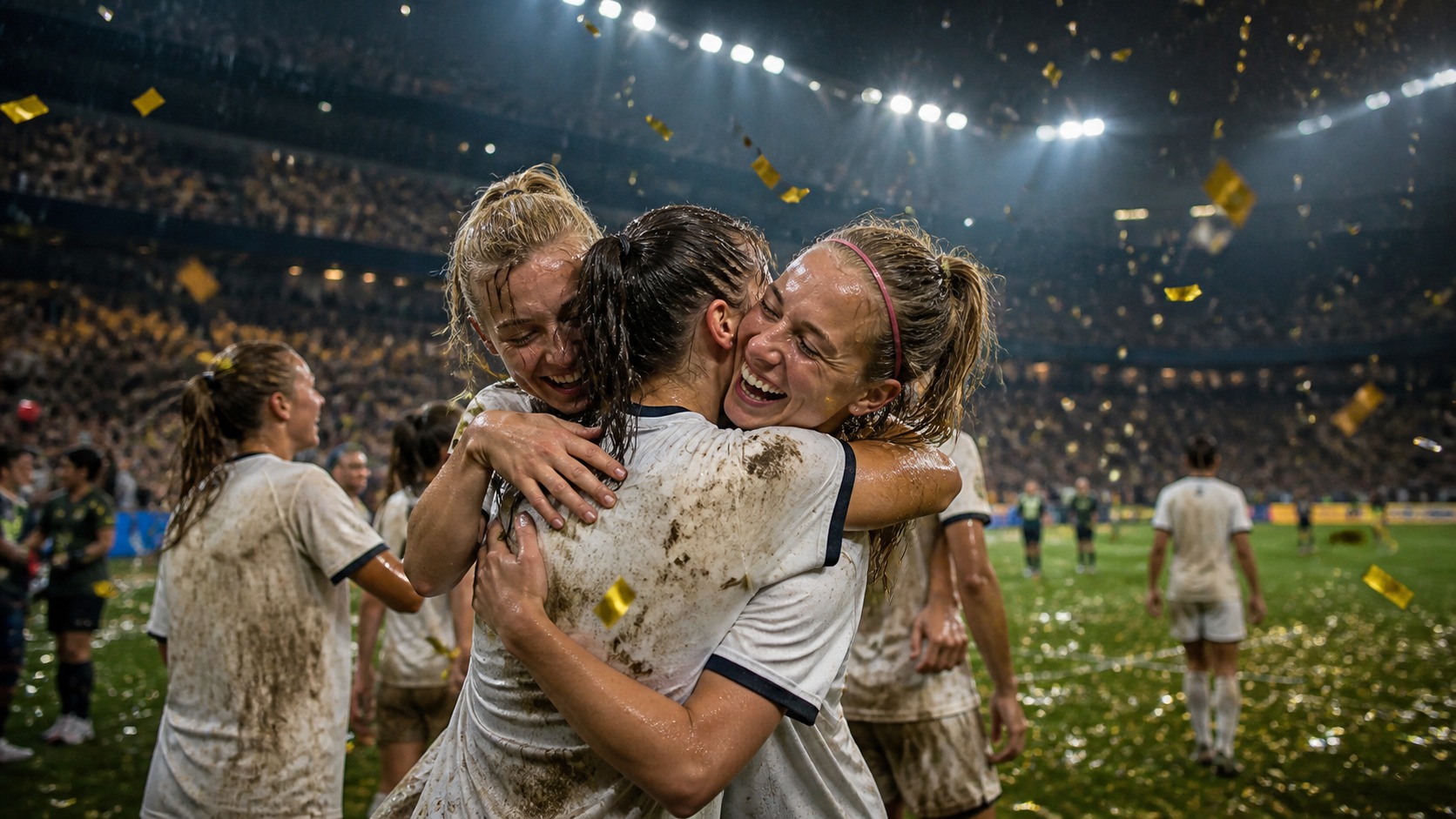Women soccer players celebrating after a major international tournament match